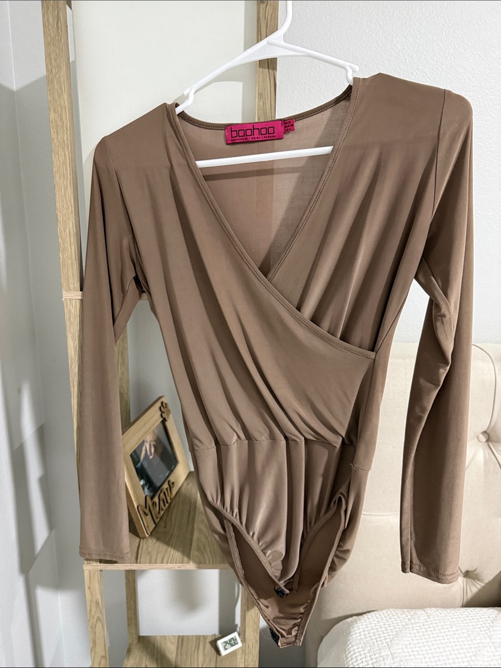 Boohoo Taupe Wrap-Front Long Sleeve Bodysuit